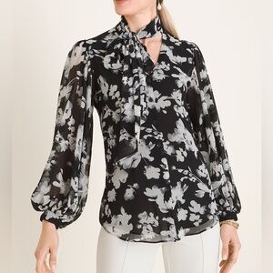Chico’s Floral Neck Tie Black and White Blouse Top